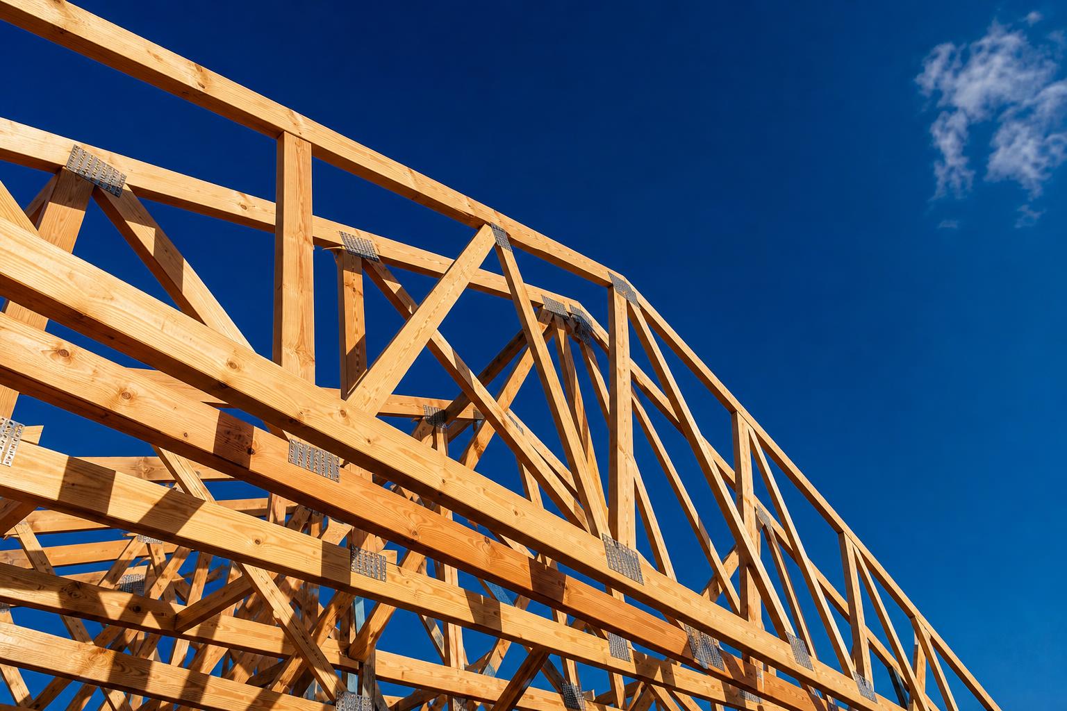 Golden pine roof trusses against a brilliant cobalt Los Angeles sky.